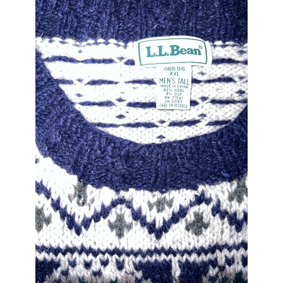 L.L. Bean Mens XXL Tall Wool Silk Polar Bear Fair Isle Crewneck Sweater Blue - Picture 7 of 8